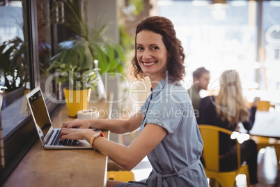 Smiling young woman using laptop while sitting at counter