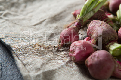 Close-up of red radishes on burlap