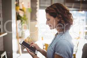 Side view of young woman using digital tablet