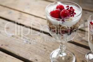 Cup of yogurt muesli and raspberries for breakfast