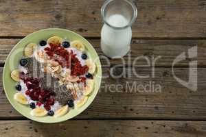 Healthy breakfast and milk on wooden table