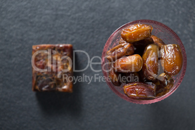 Overhead view of dates fruits in bowl