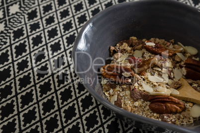 Bowl of breakfast cereals with spoon