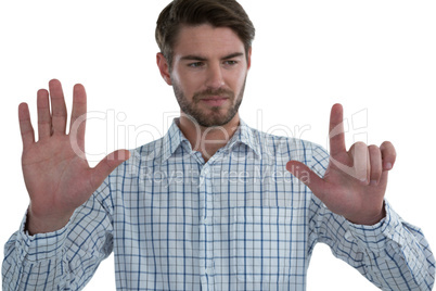 Man gesturing against white background