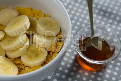 Bowl of fruit cereals with honey bee
