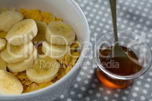 Bowl of fruit cereals with honey bee