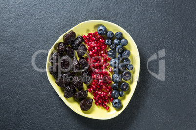 Overhead view of various fruits in plate
