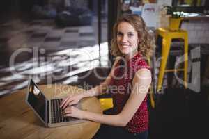 Portrait of beautiful young female customer sitting with laptop at table