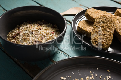 Bowls of various breakfast cereals