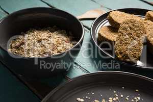 Bowls of various breakfast cereals