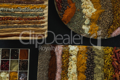Various spices and seeds in tray