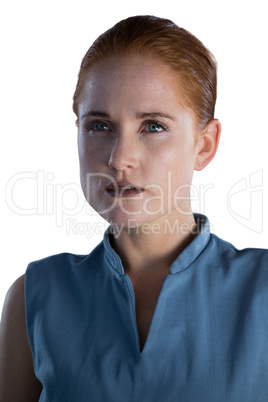 Close up of thoughtful businesswoman with gray eyes