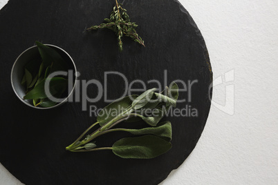 Various herbs in wooden board