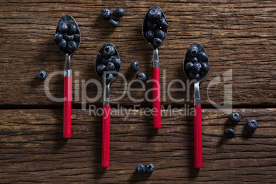 Blueberries in spoon arranged on wooden table