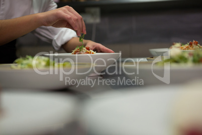 Close-up of chef garnishing meal on counter