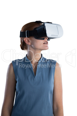 Young businesswoman wearing virtual reality glasses