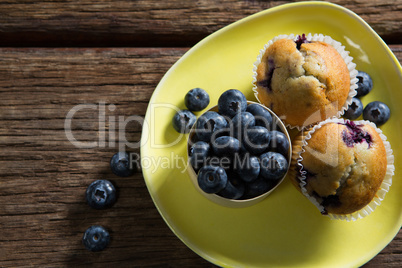 Blueberries and muffins on plate