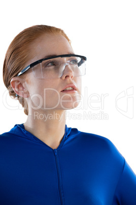 Attractive businesswoman using smart glasses