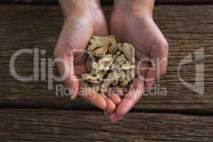 Hands holding dried ginger against wooden table