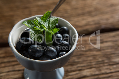 Bowl of blueberries garnished with mint