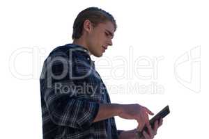Low angle view of businessman using tablet pc