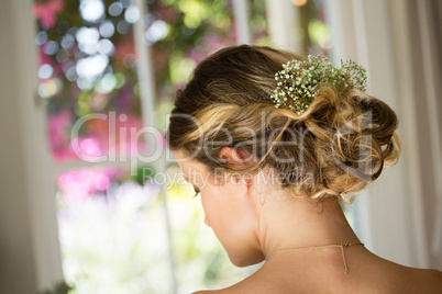 Close up of bride hair with flowers