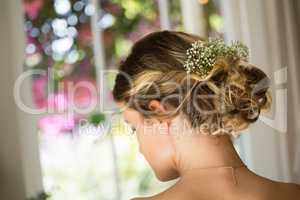 Close up of bride hair with flowers
