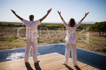 Rear view of couple standing with arms outstretched near poolside