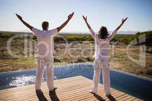 Rear view of couple standing with arms outstretched near poolside