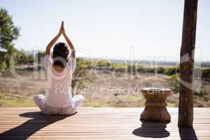 Woman practicing yoga on wooden plank