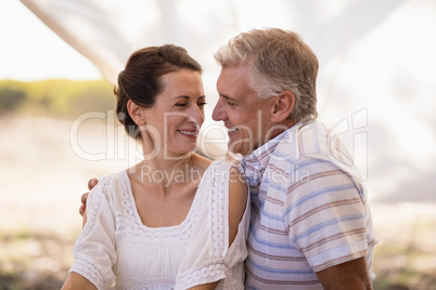 Happy couple sitting in cottage