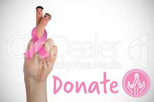 Composite image of cropped hand of woman with breast cancer awareness ribbon