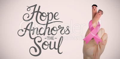 Composite image of cropped hand of woman with breast cancer awareness ribbon