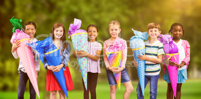 Composite image of full length portrait of friends with huge gifts