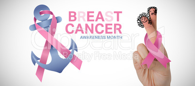 Composite image of cropped hand of woman holding pink breast cancer awareness ribbon