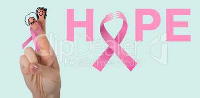 Composite image of pink breast cancer awareness ribbon on cropped hand of woman