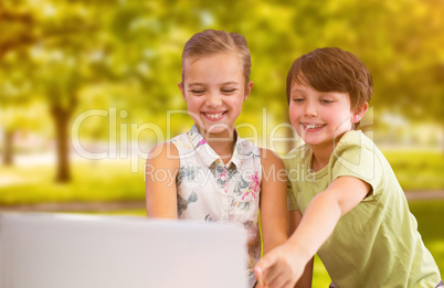 Composite image of siblings using digital tablet