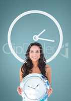Happy woman holding a clock against background with clock