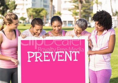 Prevent text and pink breast cancer awareness women holding card