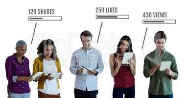 People on tablets with likes, views and Shares status bars