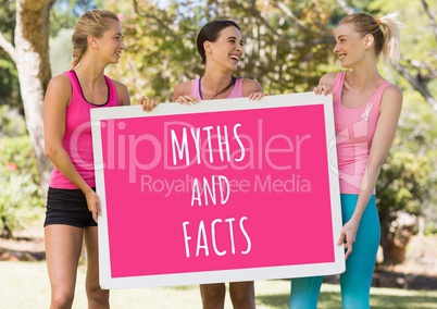 Myths and facts text and pink breast cancer awareness women holding card