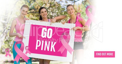 Go Pink text and pink breast cancer awareness women holding card