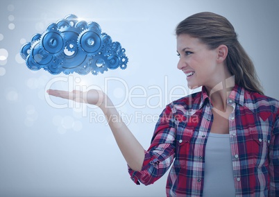 Woman with open hand and cog gears cloud