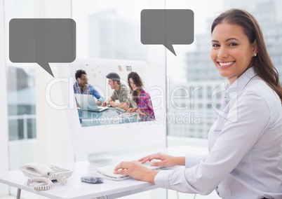 Woman on computer with contract meeting with empty chat bubbles