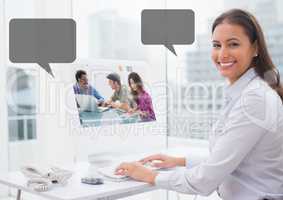 Woman on computer with contract meeting with empty chat bubbles