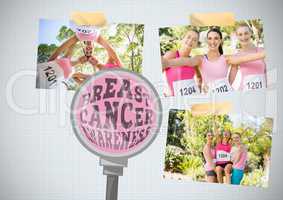 Breast Cancer Awareness magnified text and Breast Cancer Awareness Photo Collage marathon run