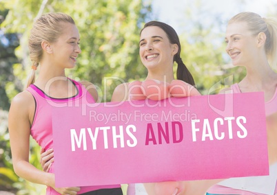 Myths and facts Text and Hand holding card with pink breast cancer awareness women