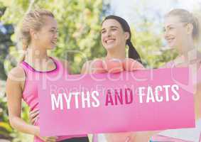 Myths and facts Text and Hand holding card with pink breast cancer awareness women