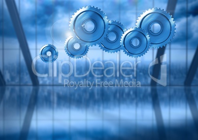 cog gears with city windows background