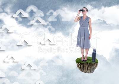 Businesswoman with binoculars on floating rock platform with interface in sky